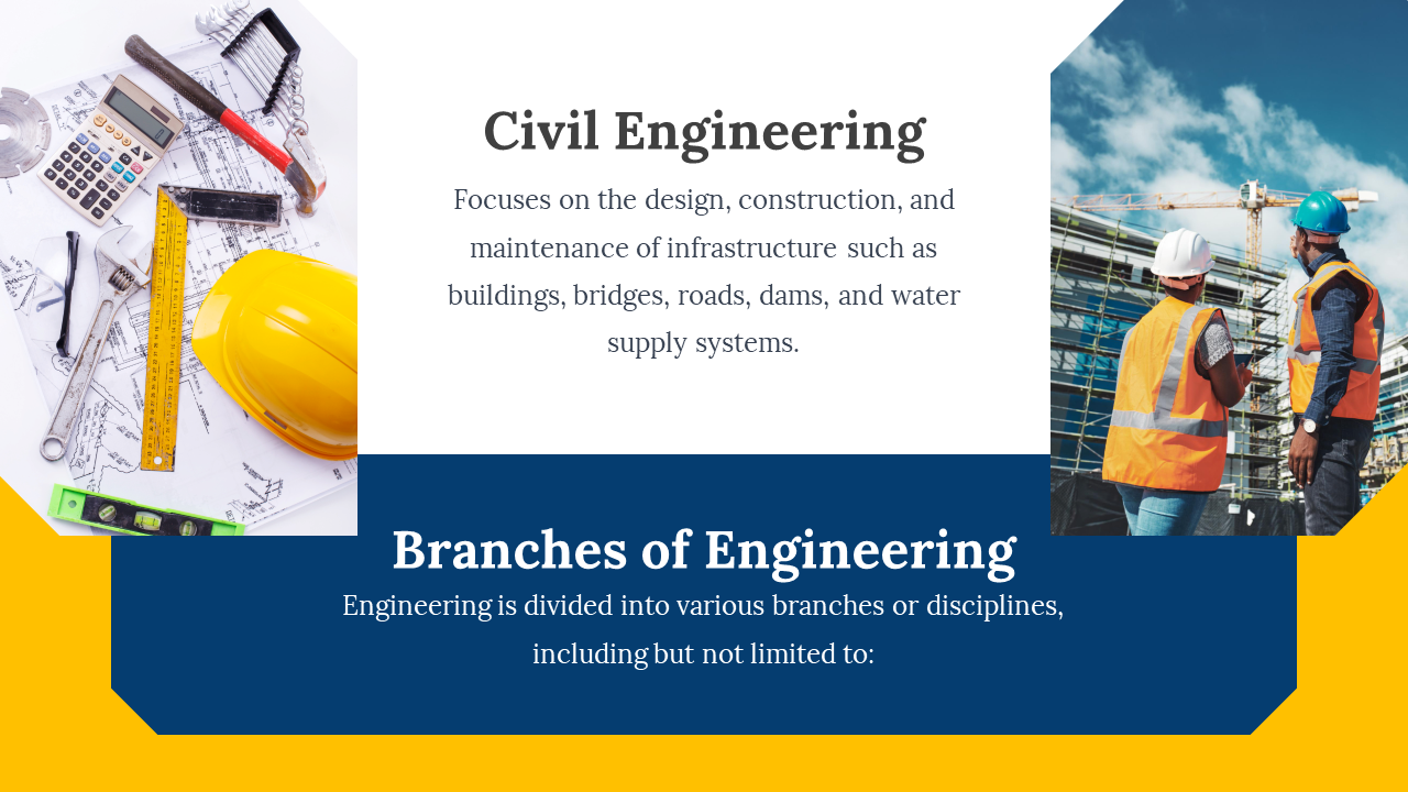Slide with a white, navy, and yellow theme featuring two images of construction tools and engineers, and centered text.