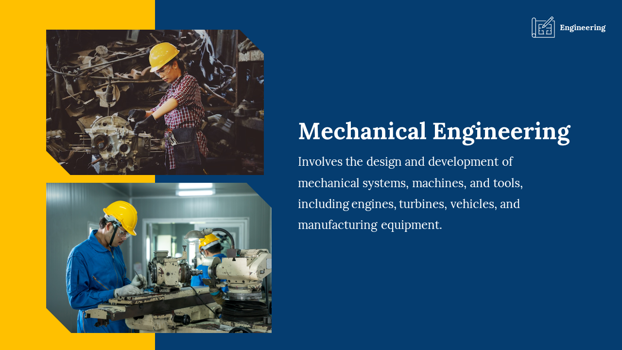 Dark blue slide with yellow accents, featuring text, and two images of mechanical engineers working with machinery.