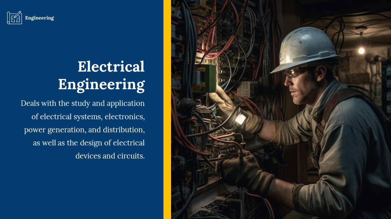 Slide with a blue and yellow design, featuring a left text box, and an electrician handling wires with a flashlight.