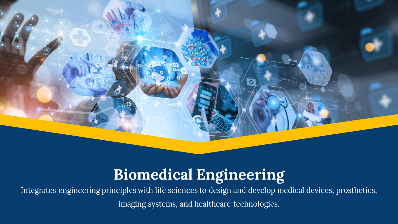 Dark blue slide with a yellow accent, featuring a futuristic medical technology image and text on biomedical engineering.