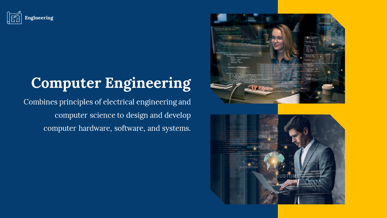 Slide with a navy and yellow theme, featuring a bold title and two images of computer engineers coding and analyzing data.