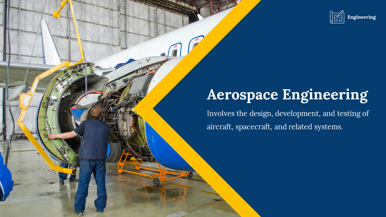 Dark blue slide with a yellow bordered text box, featuring an image of an aircraft engine being inspected inside a hangar.
