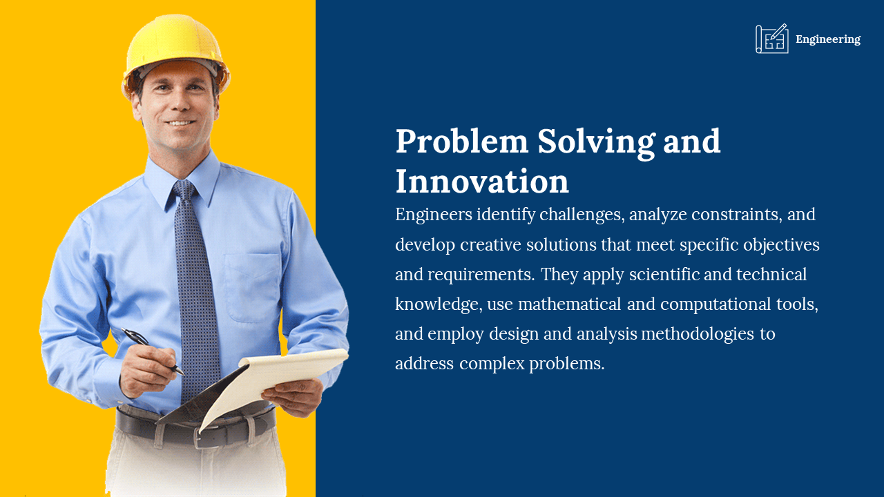 Dark blue and yellow slide with text on the right and an image of a smiling engineer in a hard hat holding a clipboard.