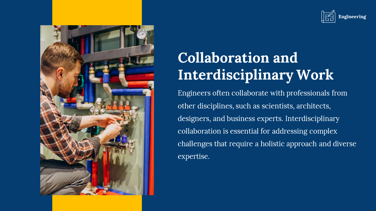 Dark blue slide with a yellow accent, featuring a left aligned image of a man working on pipes and right aligned white text.