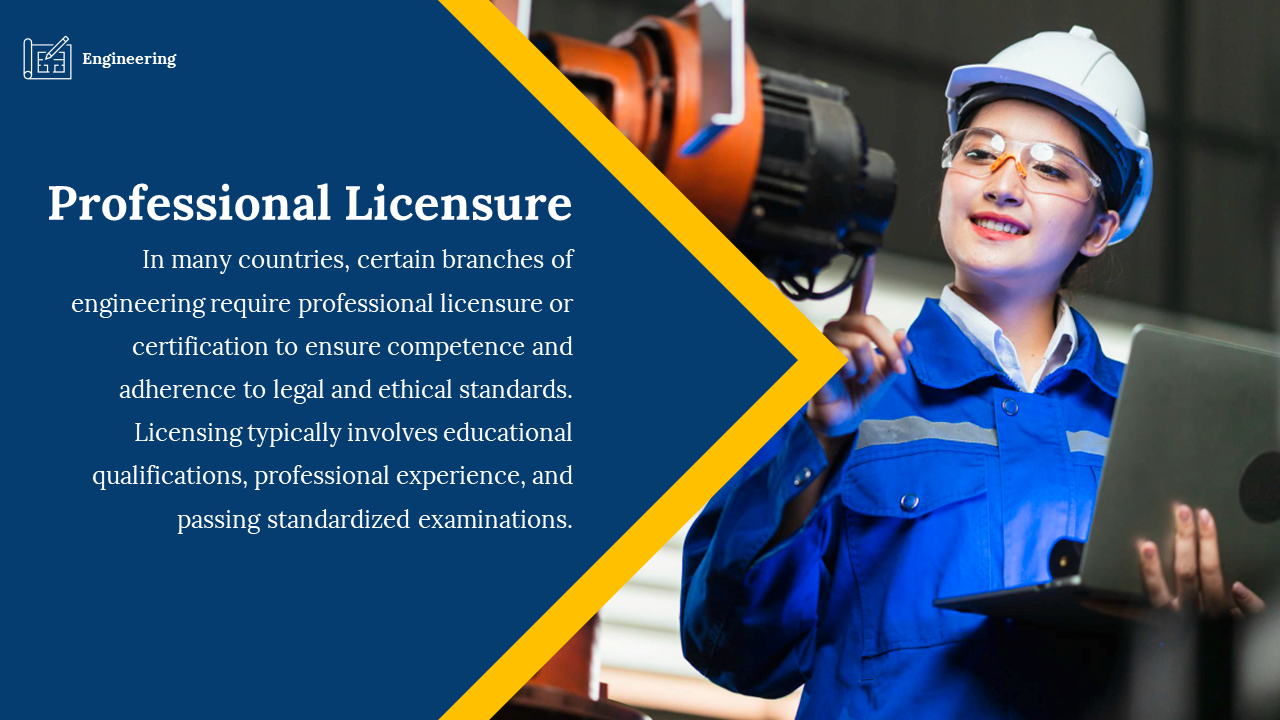 Blue background with a yellow edged text box, next to a smiling female engineer in a hard hat inspecting machinery.