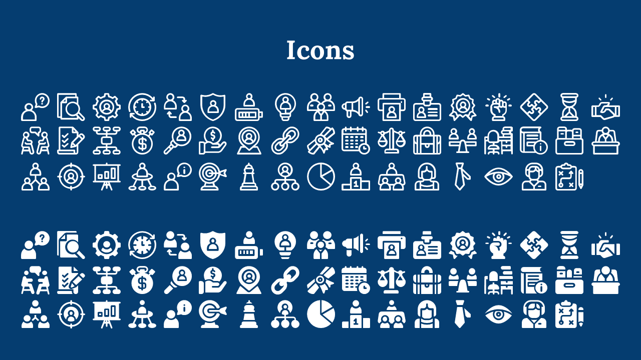 Blue background featuring a centered title and two sections of white icons, with the top set outlined and the bottom filled.