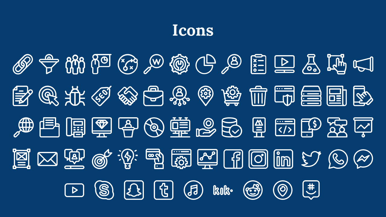 Dark blue slide with white outlined icons arranged in rows, including business, technology, and social media symbols.