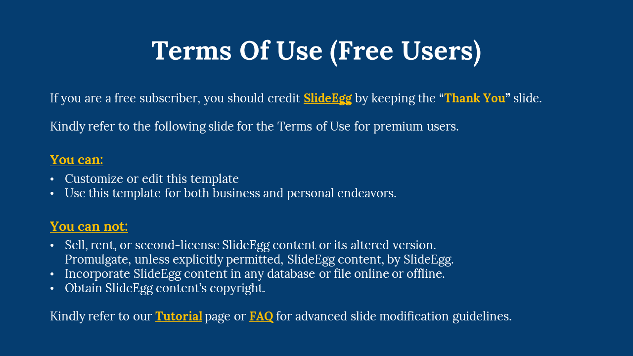 Slide with a deep blue backdrop, white and yellow text, listing free user rights and restrictions in a bulleted format.