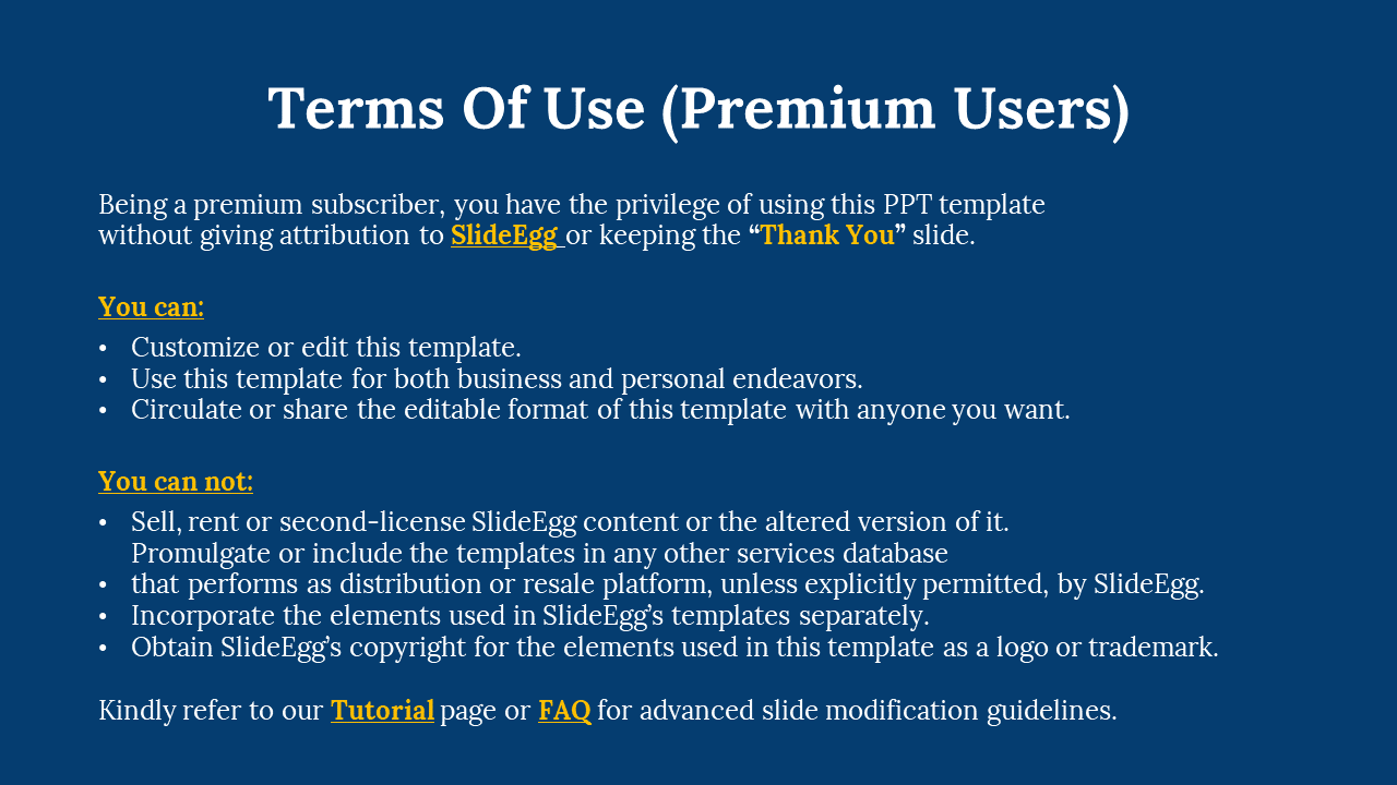 Dark blue slide with white and yellow text, featuring terms of use section with bold headings and bullet points.