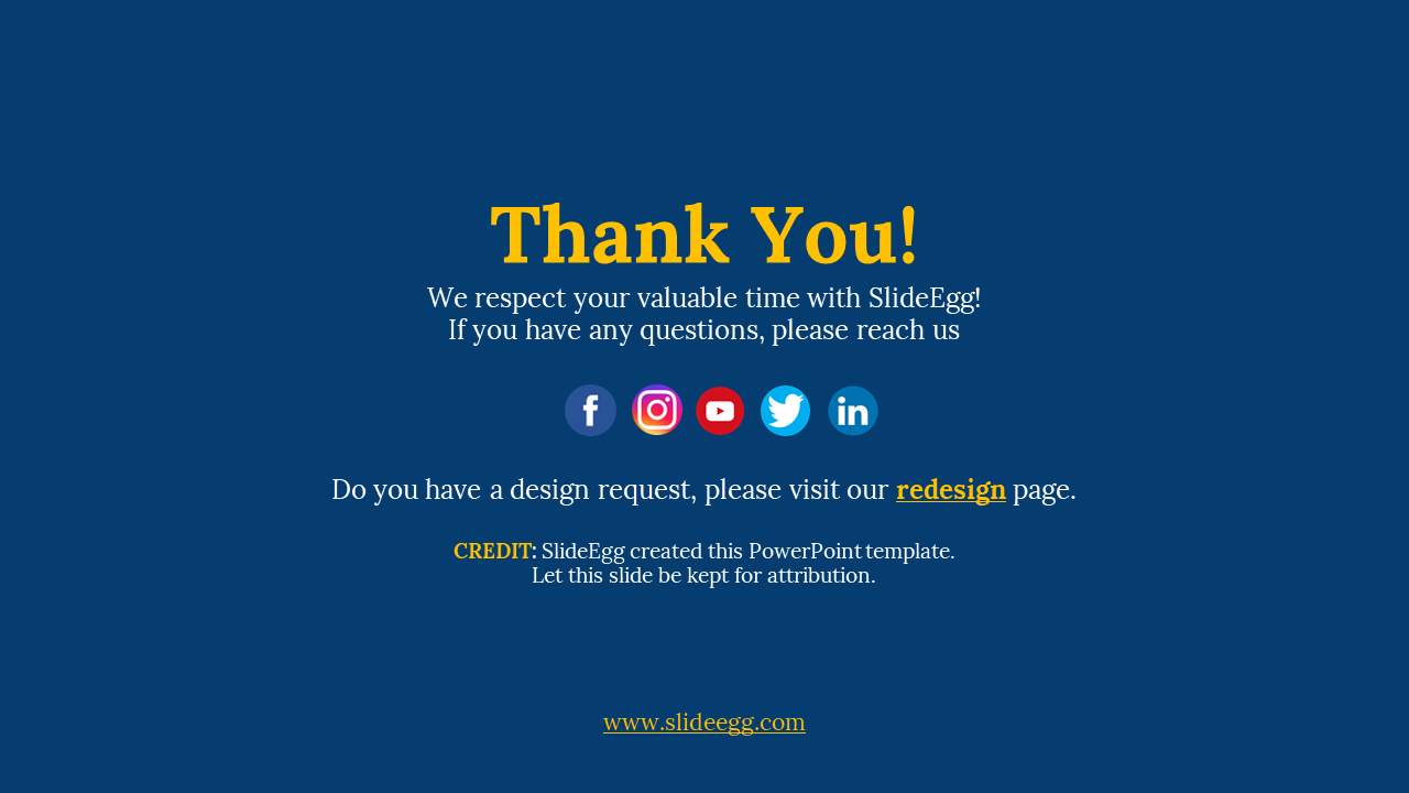 Dark blue slide with a centered thank you message in yellow, social media icons, and a footer with a website link.