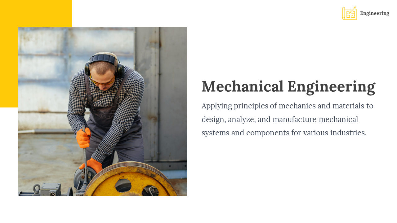 A mechanical engineer wearing safety goggles, headphones, and orange gloves operates a machine with a large yellow gear.