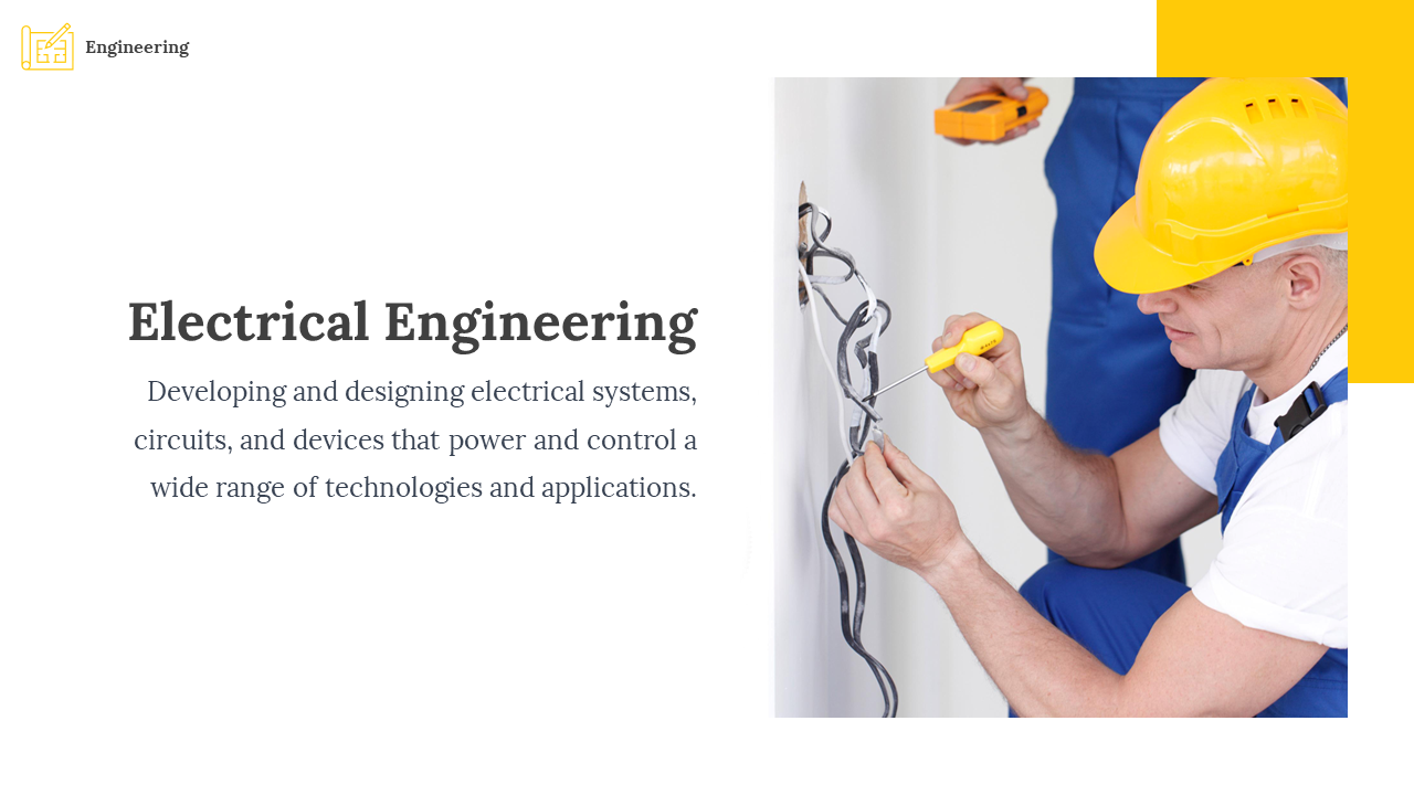 An electrical engineer wearing a yellow hard hat uses a screwdriver on tangled wires, while another holds a testing device.