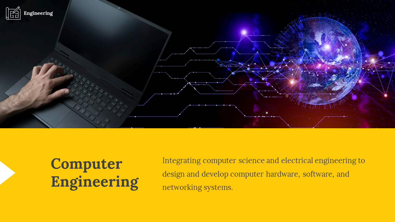 A hand typing on a laptop keyboard with a futuristic circuit lines leading to a glowing Earth and yellow text area below.