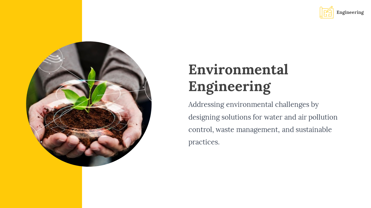 Circular image of hands holding a small plant with leaves growing in soil, overlaid with digital environmental graphics.