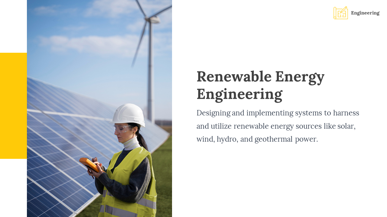 A female engineer in safety gear inspects solar panels with a tablet, and a wind turbine in the background under a blue sky.