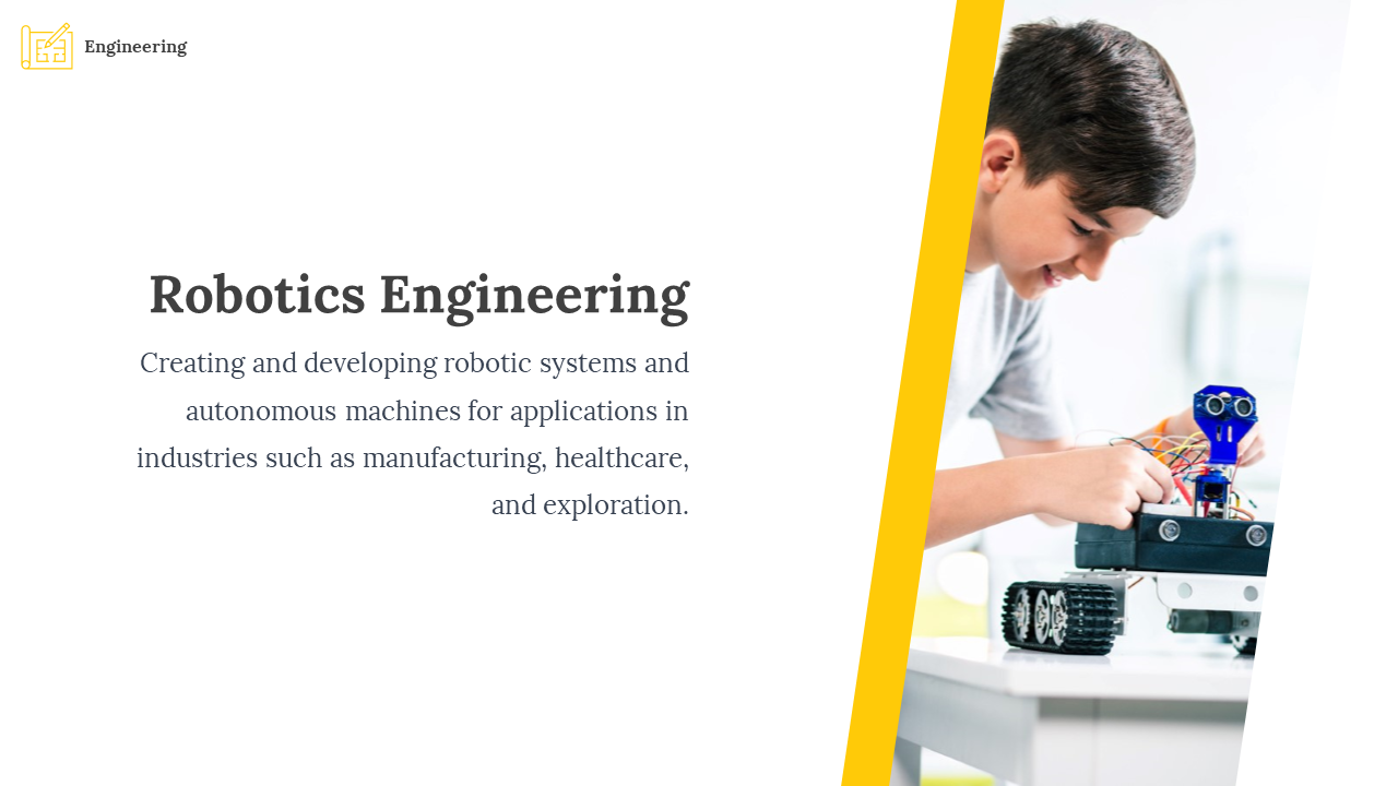 A young boy assembling a small robotic vehicle with blue sensors, set against a white background with a yellow border.