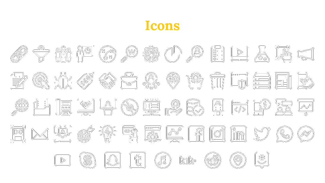 Slide with a white background displaying multiple black outline icons in rows, with a yellow title at the top.