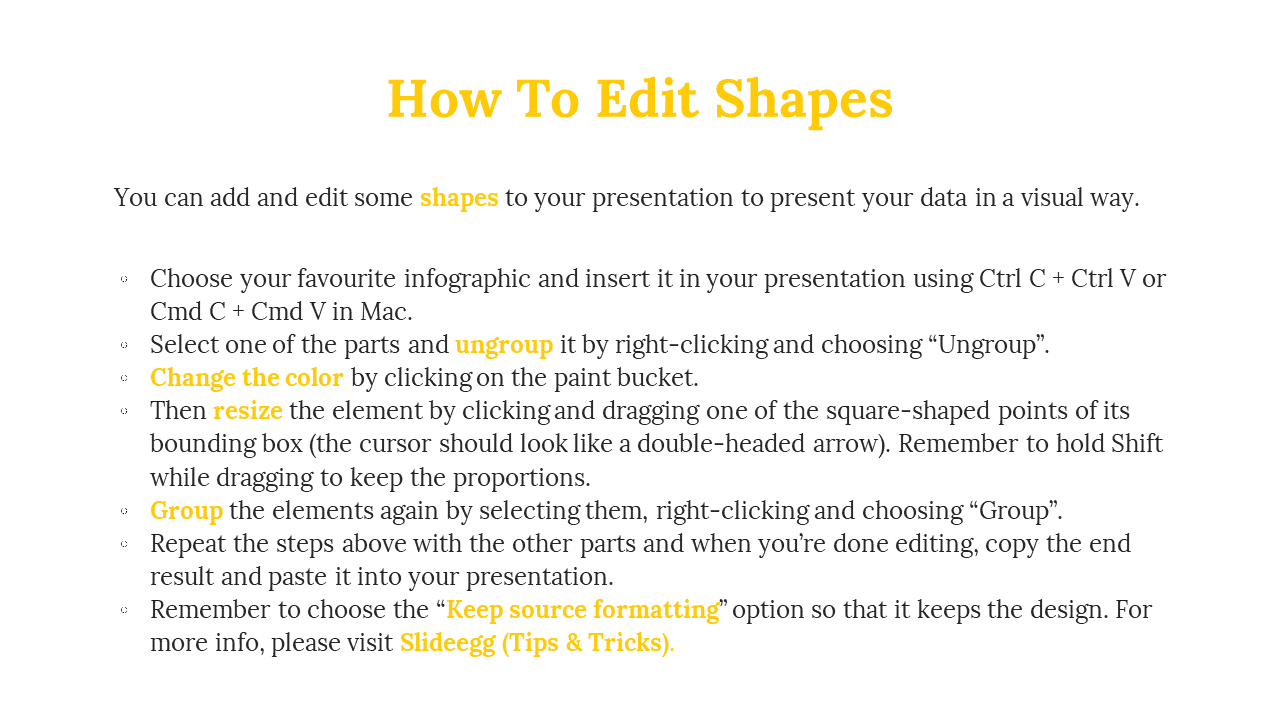 Step by step tutorial slide with a structured layout, yellow heading, and highlighted instructions for editing shapes.