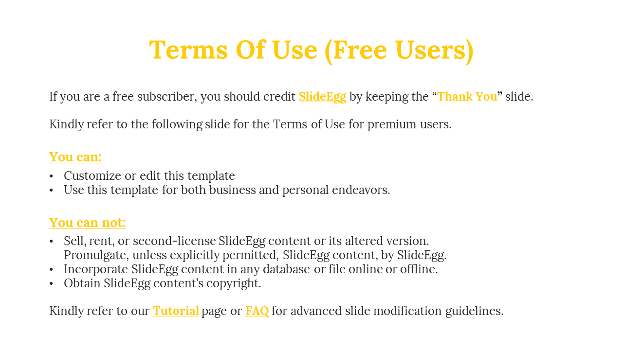 Slide explaining usage rules for free users, with a bold heading, bullet points, and highlighted restrictions in yellow.