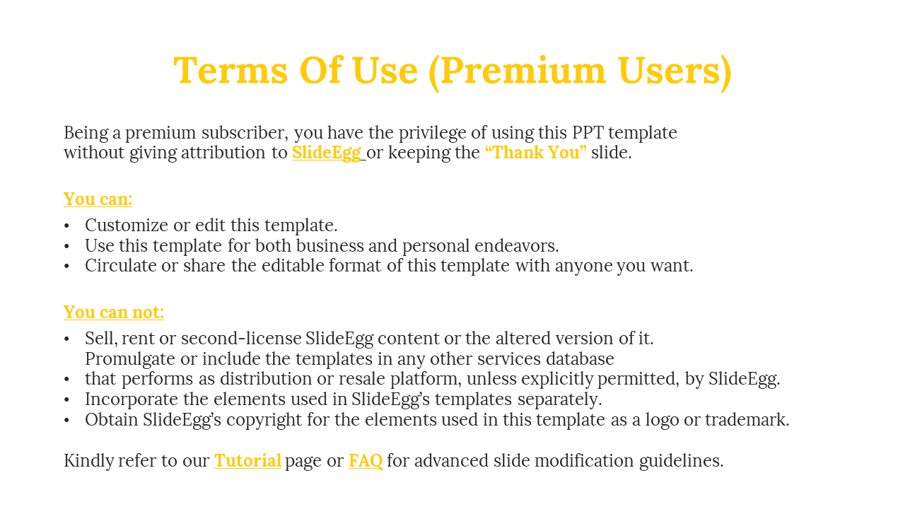 Terms of use slide featuring yellow heading, and black text outlining permissions and restrictions for premium users.
