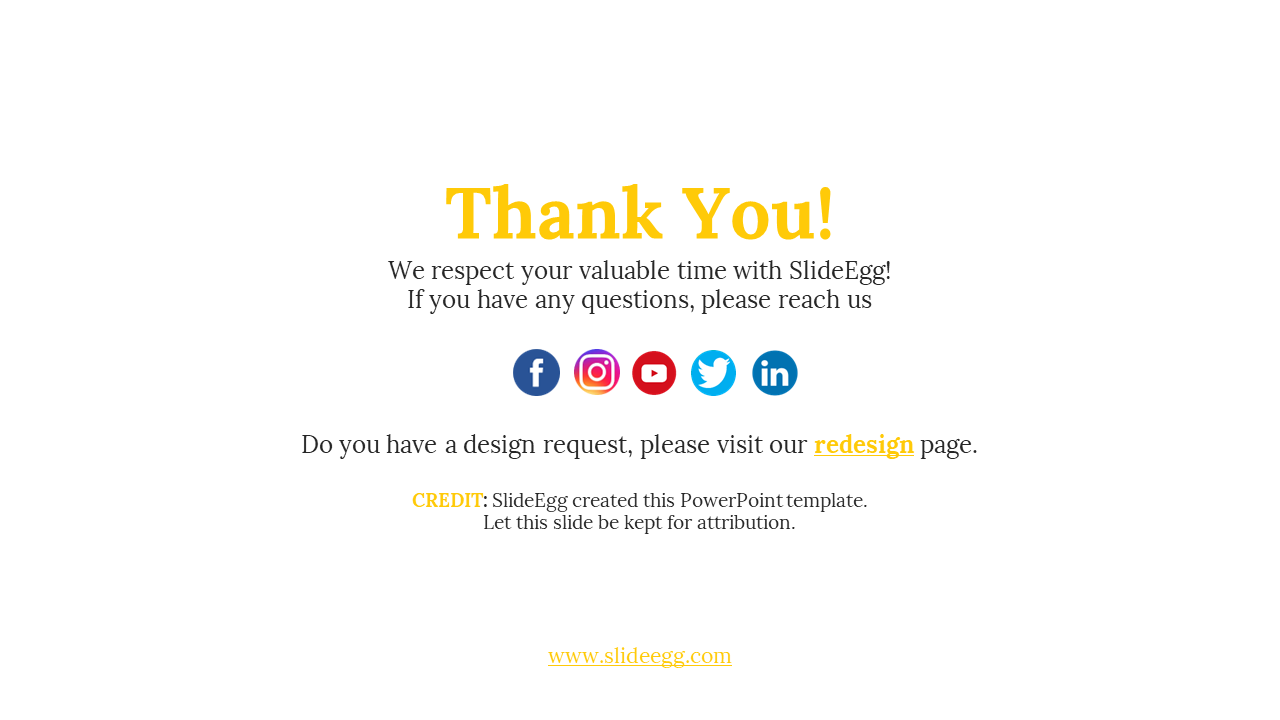 Thank you slide featuring bold yellow text, a website link at the bottom, and social media icons for contact.
