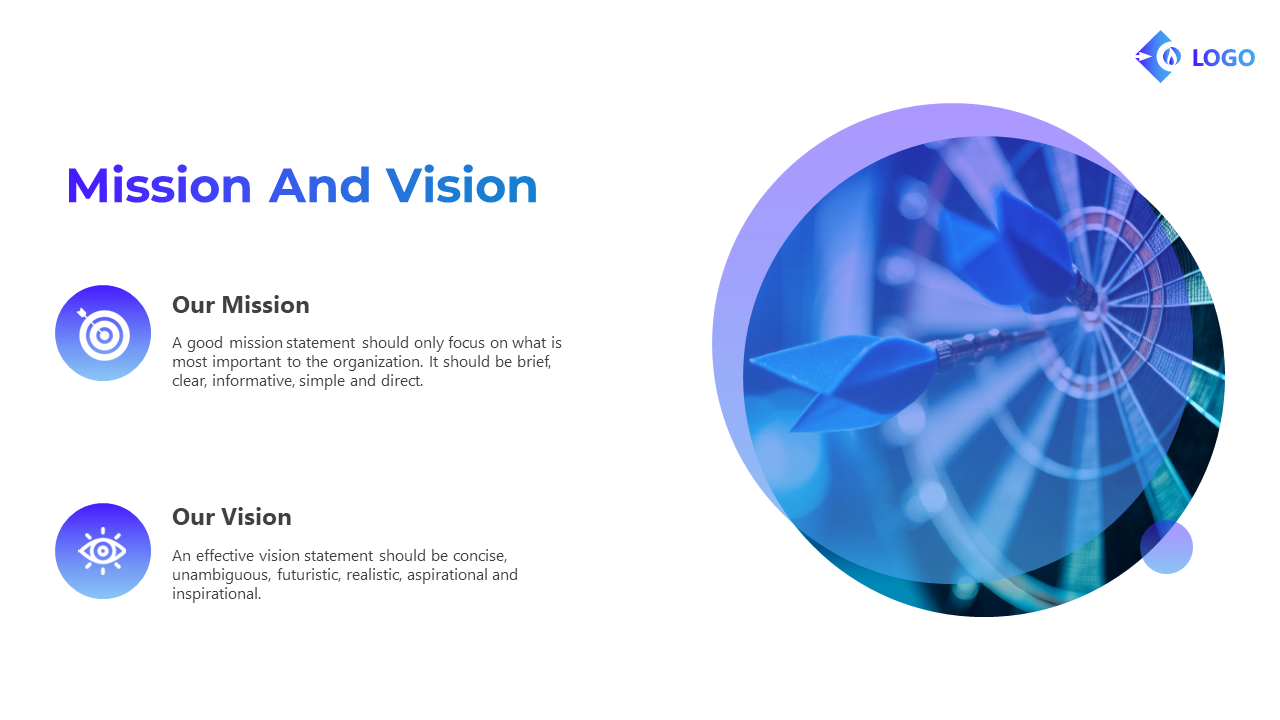 Mission and vision slide with two blue gradient icons and text, and a circular dartboard image on the right side.