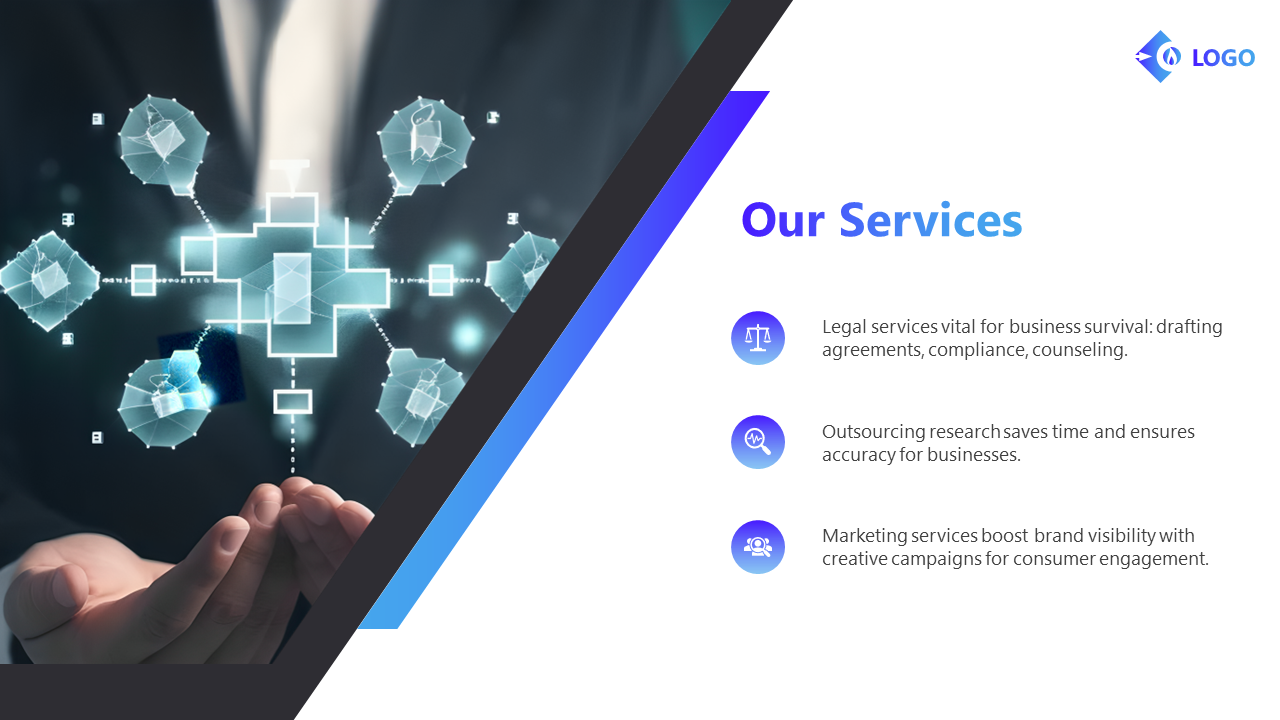 Slide displaying a hand holding a digital network, with three blue icons and text outlining corporate services on the right.
