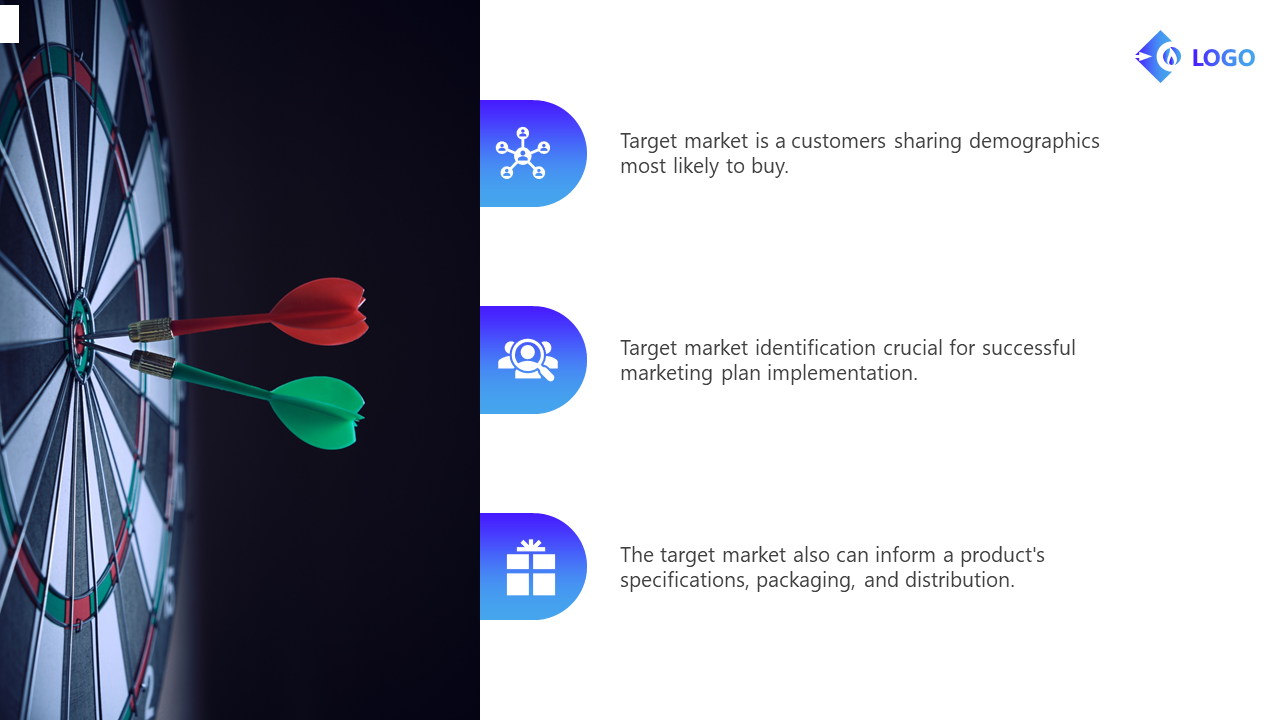Dartboard with two darts on the left, and three blue gradient icons with marketing insights on the right.