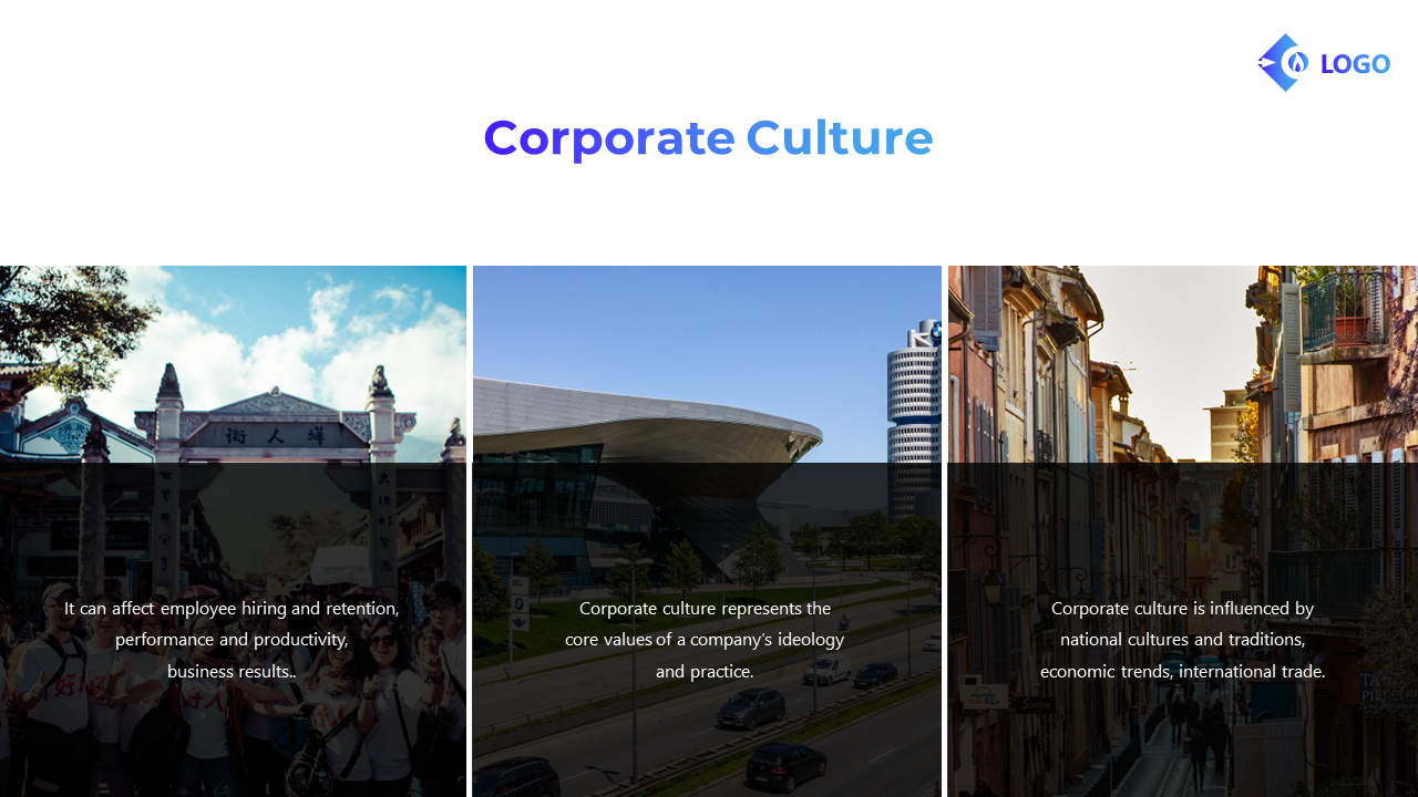 Culture slide with three side by side images in square frames, dark overlay, and white text for readability.