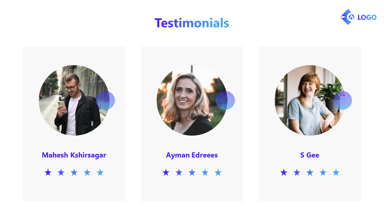 Testimonials slide displaying three customer reviews with circular profile pictures, names, and star ratings in blue theme.