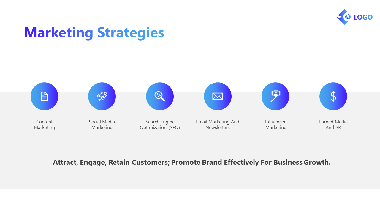 Slide featuring six circular blue gradient icons with labels, highlighting various marketing strategies, on a white backdrop.