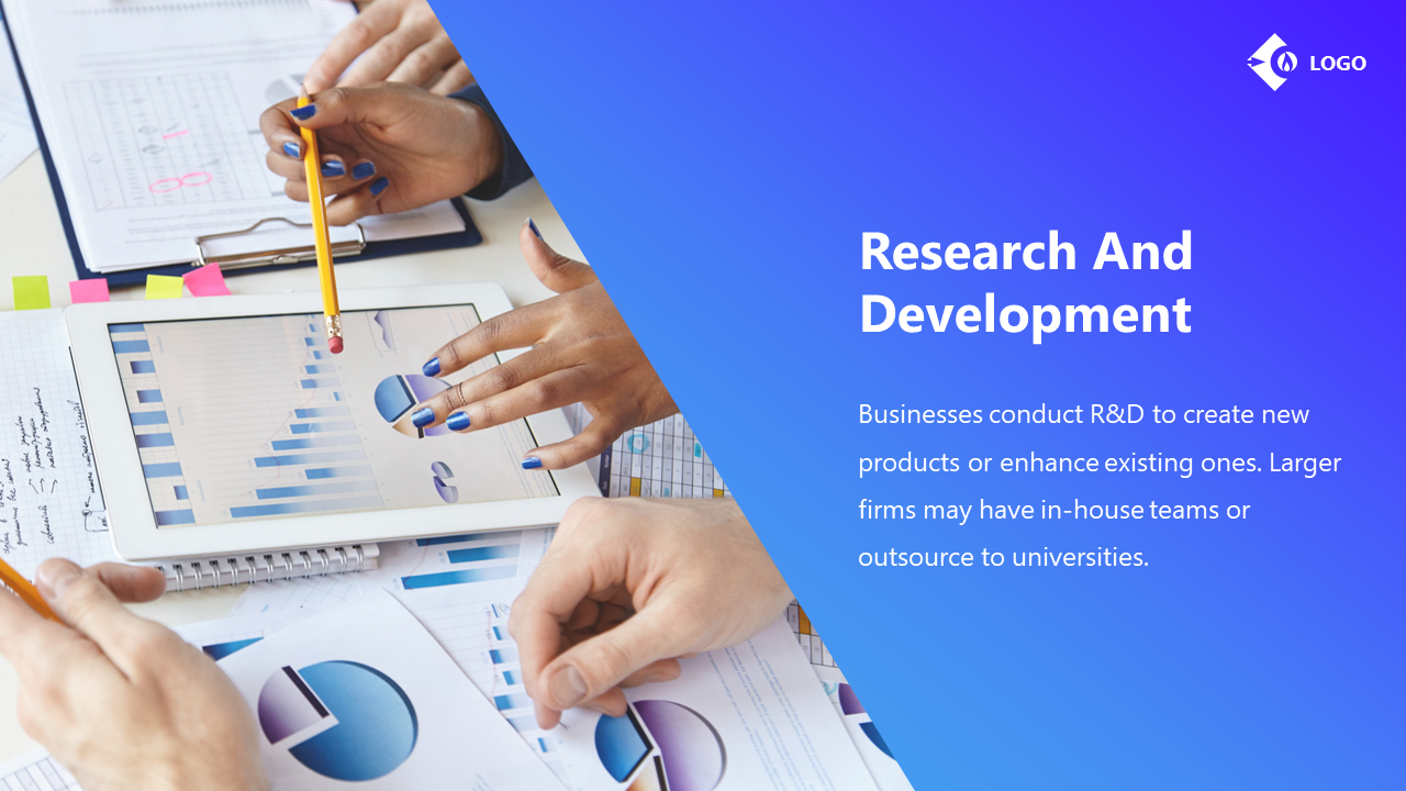 diagonal split design with a blue gradient featuring text, and a workspace on the left showing hands analyzing charts.