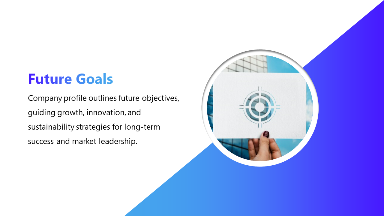 Future goals slide with a blue and white design, featuring a hand holding a target symbol card against a city backdrop.