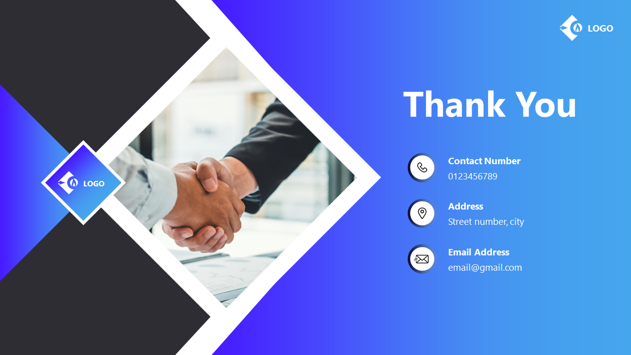 Thank you slide with a handshake image in a geometric frame, and contact details on the right, set on a blue background.