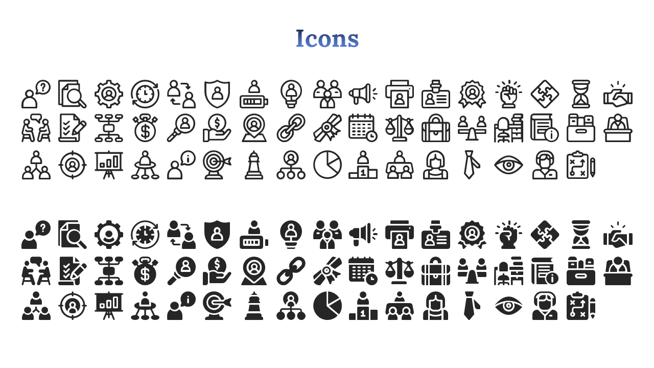 Collection of business and professional icons in both outlined and filled styles, arranged in a grid under the blue title.