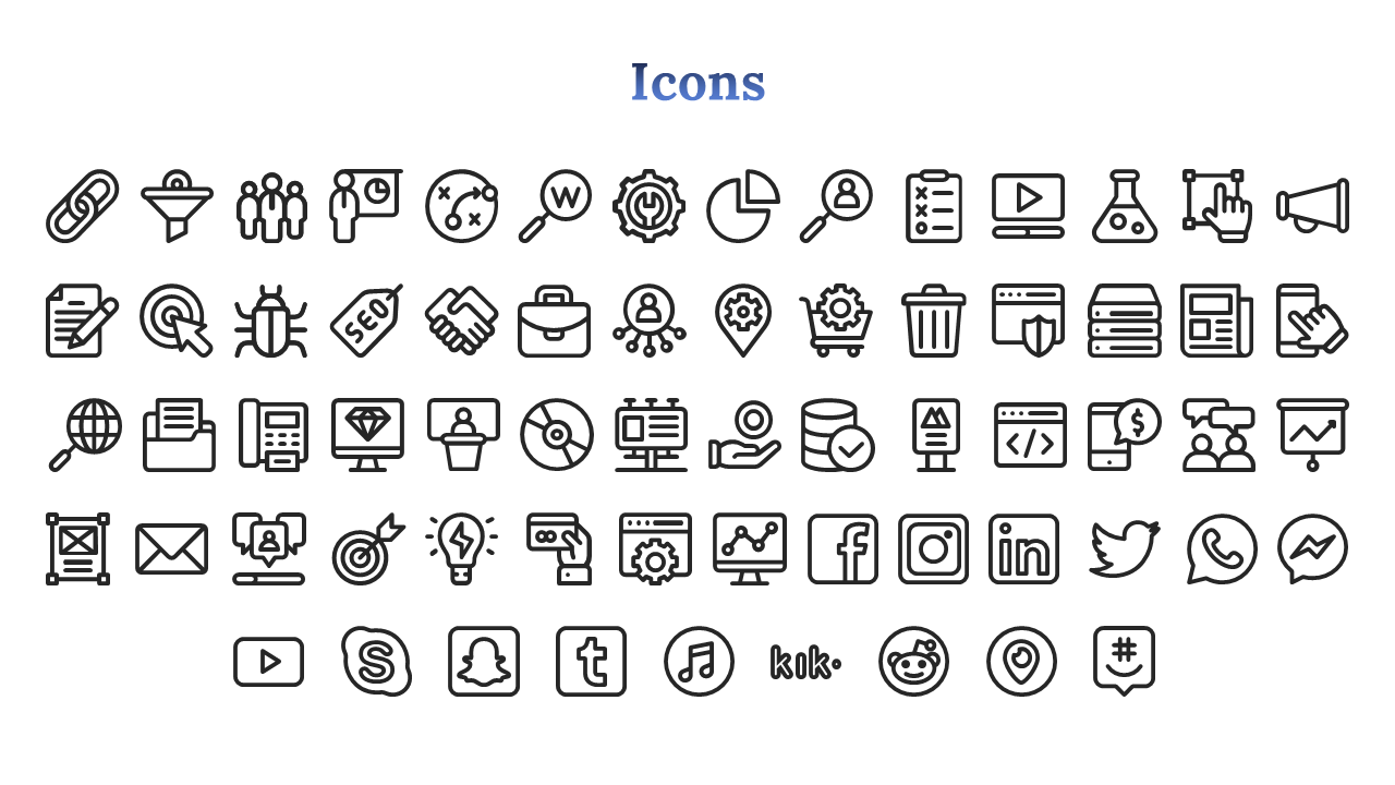 A collection of various business, marketing, and social media icons displayed in a grid format under the blue title.