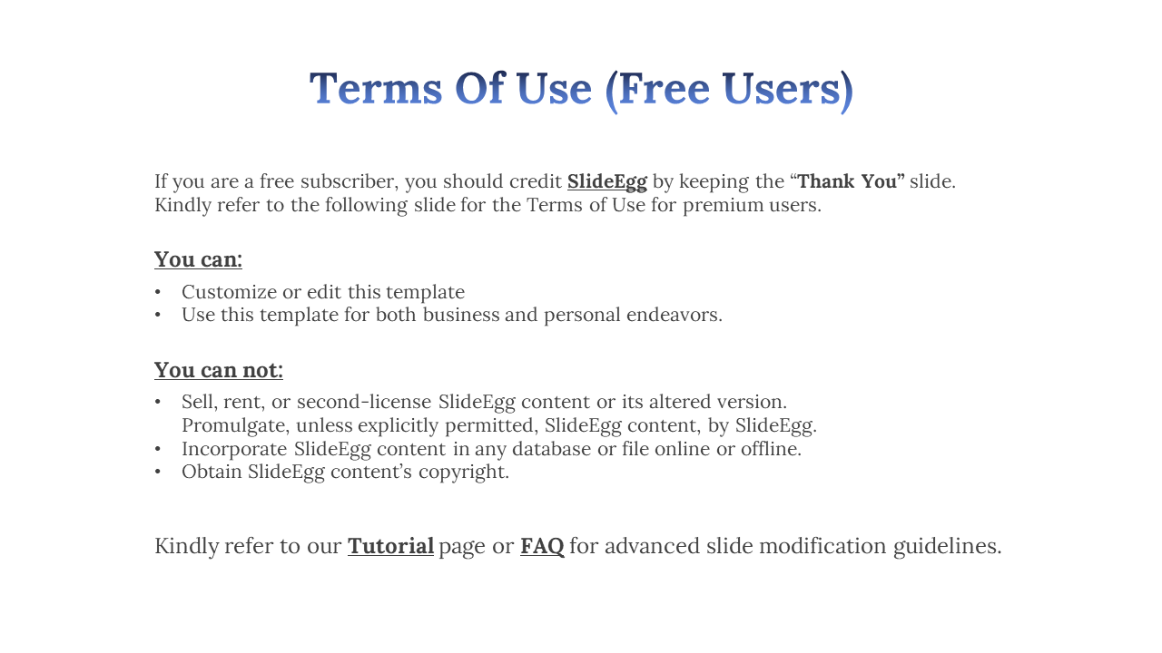 Slide detailing the terms of use for free users, specifying what they can and cannot do, with blue title.