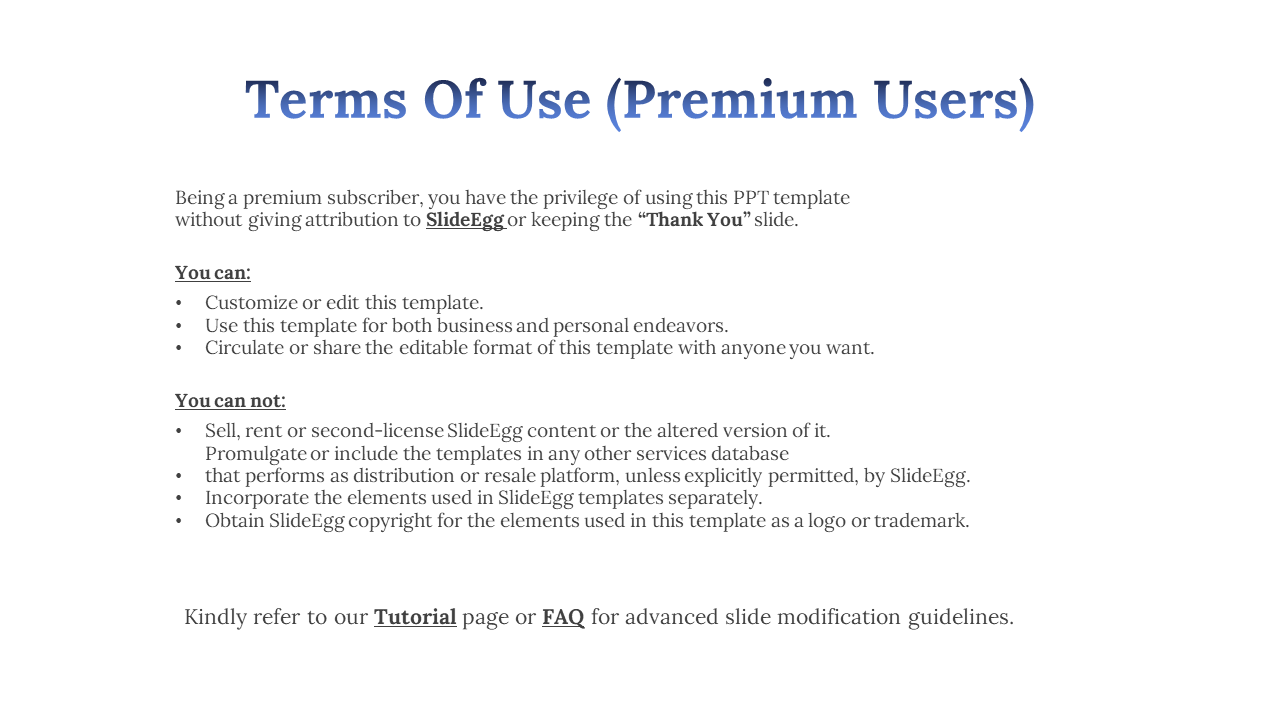 White background slide detailing what premium users can and cannot do with templates, including editing and sharing rules.