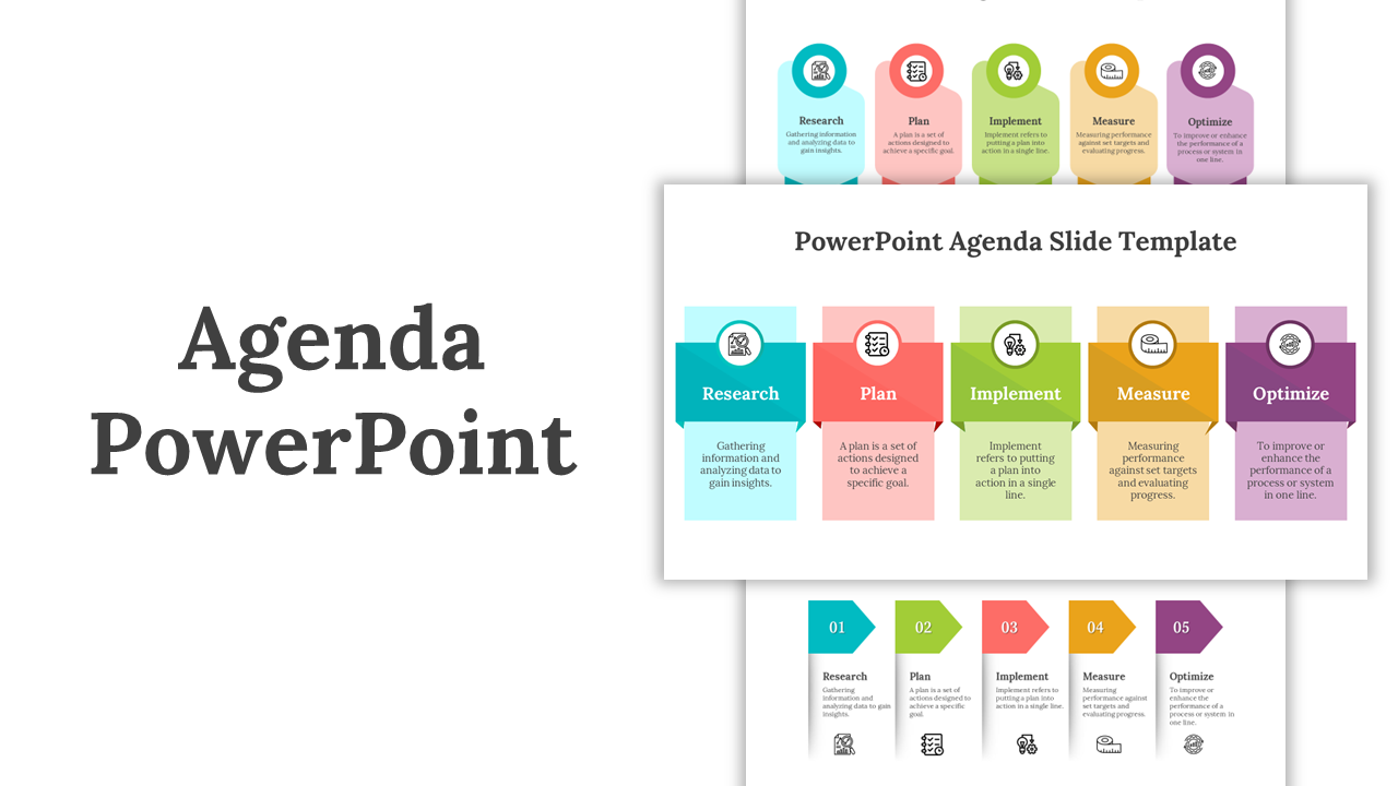 Agenda slide deck designs with colorful numbered sections and icons for each step, displayed in different layouts.