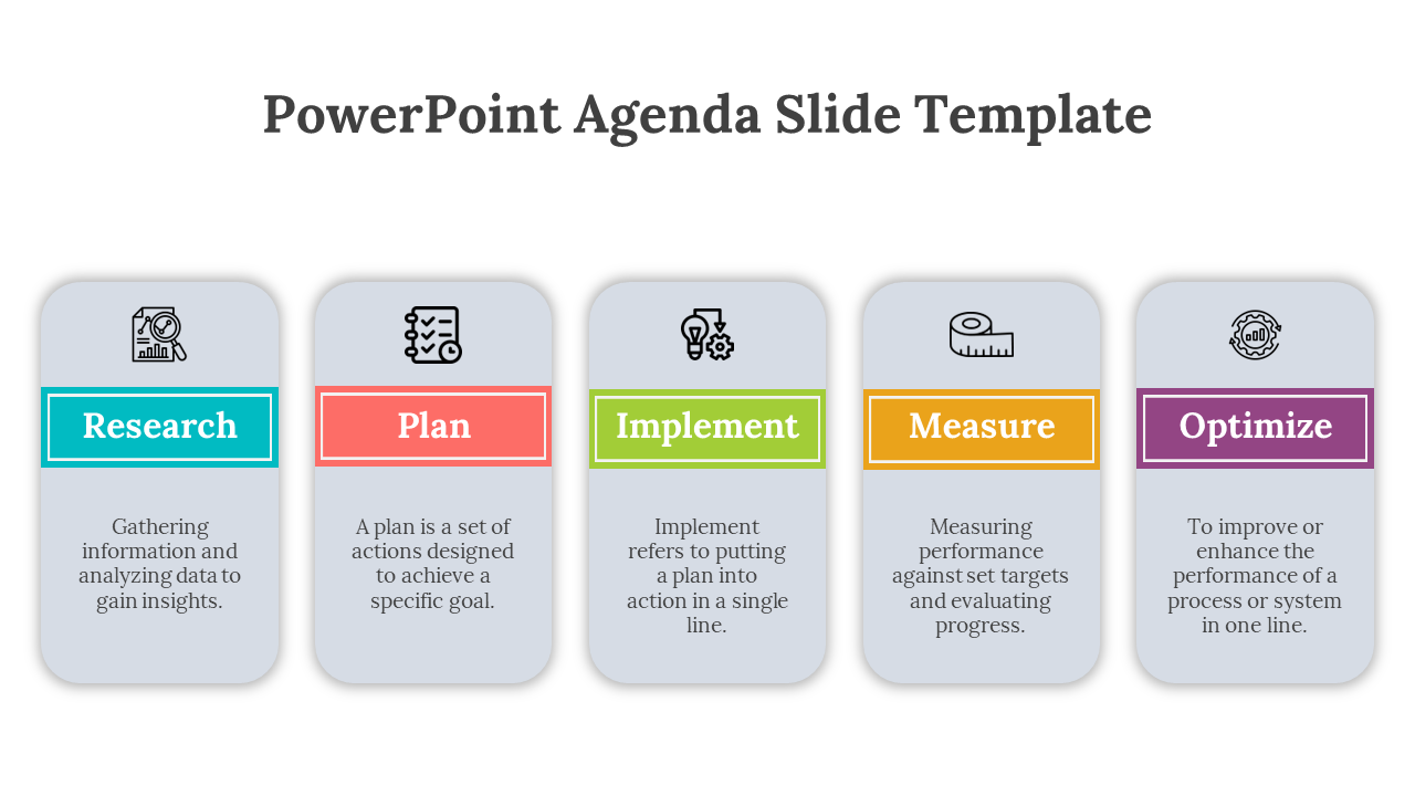 Agenda slide with five vertical gray boxes, each featuring a vibrant title strip in blue, red, green, yellow, and purple.