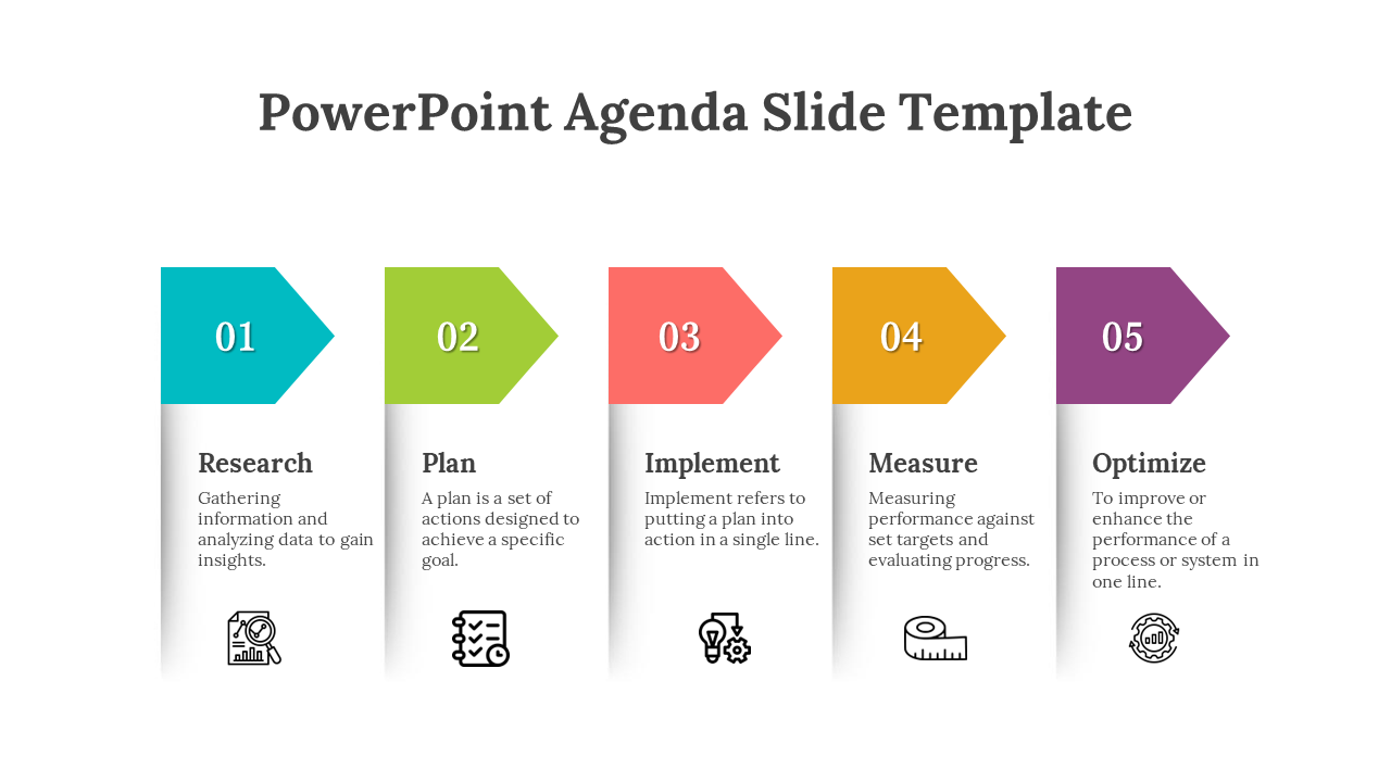 Slide with five vertical arrow shaped banners in blue, green, red, yellow, and purple, each numbered and text below.