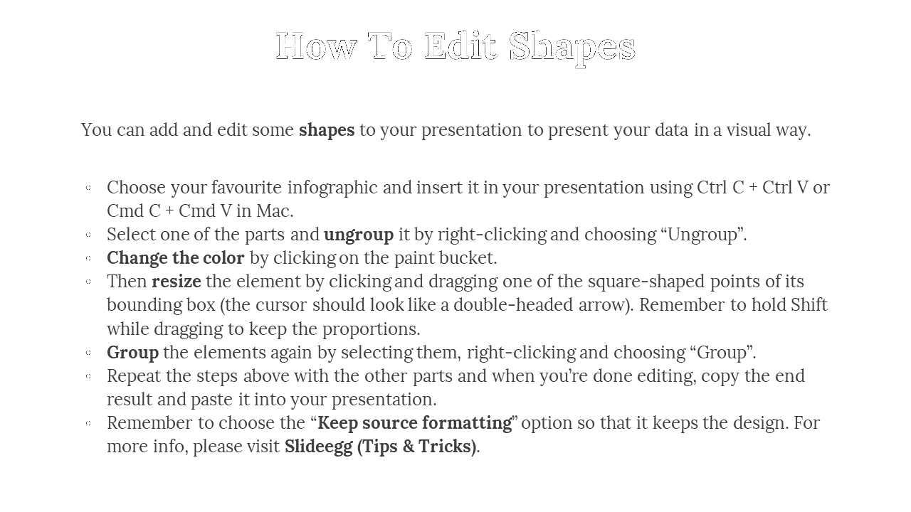 Tutorial slide explaining how to modify shapes in a PPT with tips on grouping, resizing, and maintaining formatting.