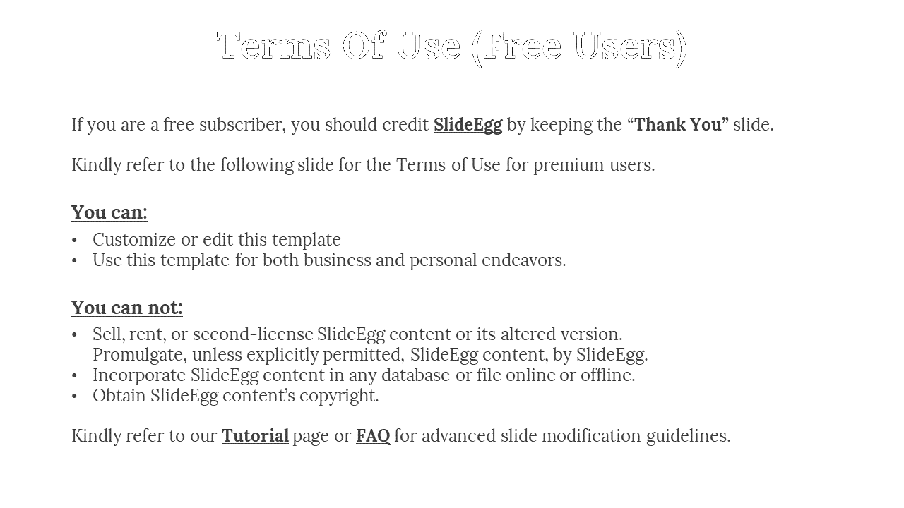 Terms of use slide explaining what free users can and cannot do, including customization and distribution rules.