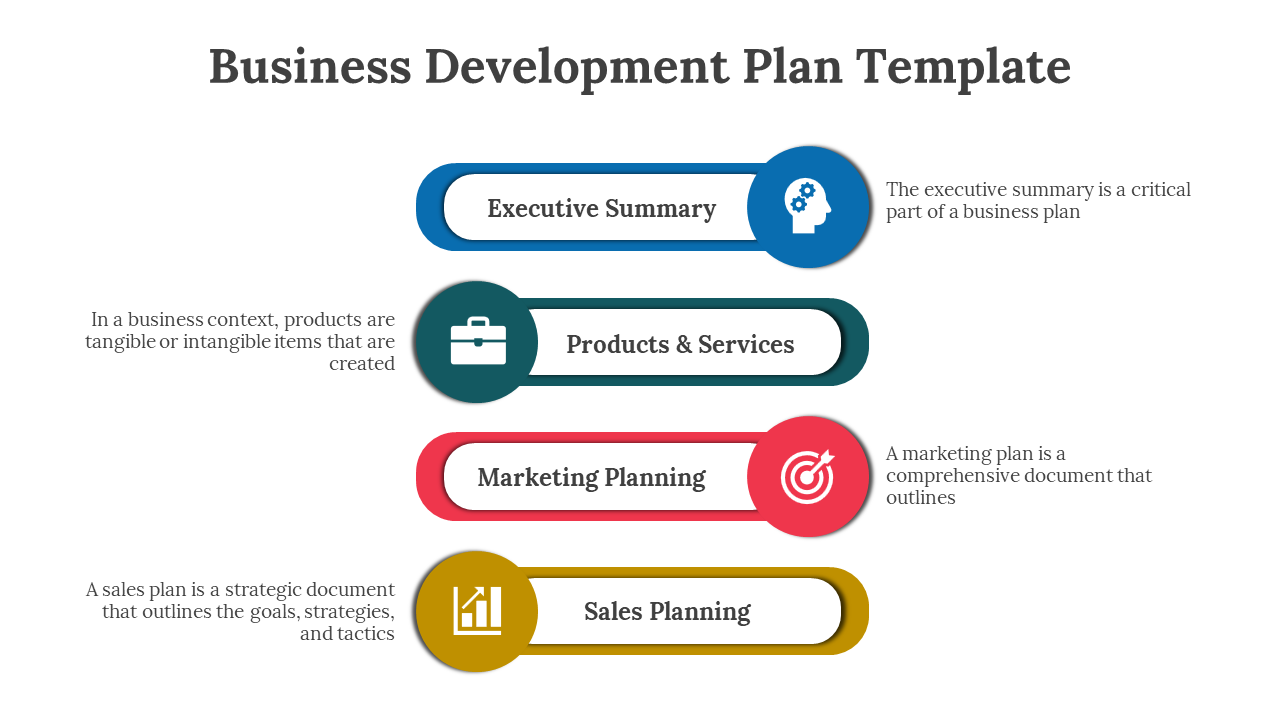Business plan infographic with four horizontal rounded bars in blue, green, red, and gold, each labeled with icons.