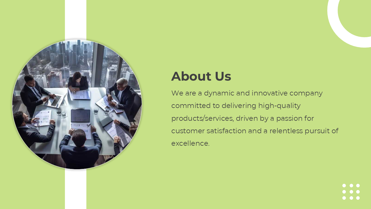 Green slide with a circular photo of a professional team collaborating, and a brief company introduction on the right.