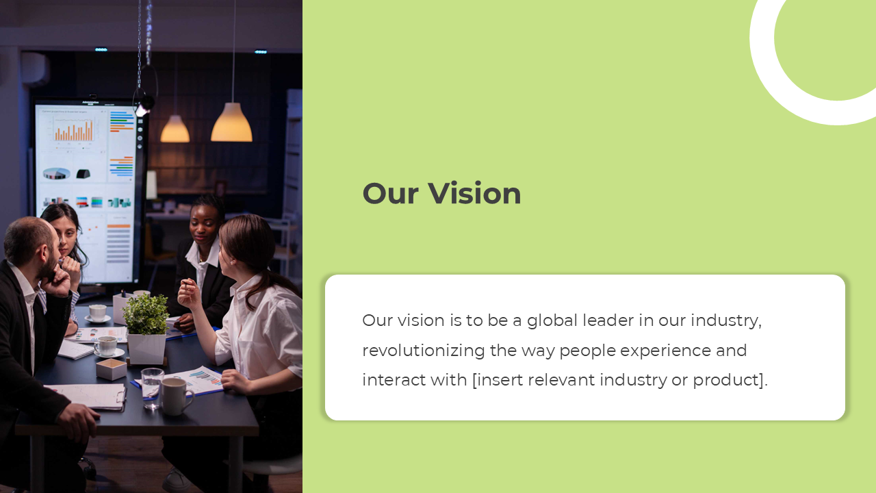 Business slide with a green background, a white text box, and an image of a team discussing data in a modern office setting.