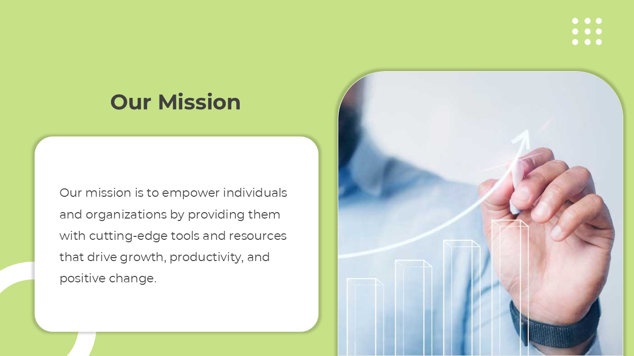 Slide with a pastel green background, featuring white text box, and a curved image of a hand sketching a rising chart.