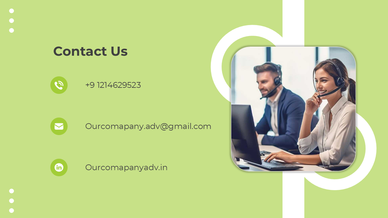Light green contact page with icons, black text, and a square photo of smiling call center agents with headsets.