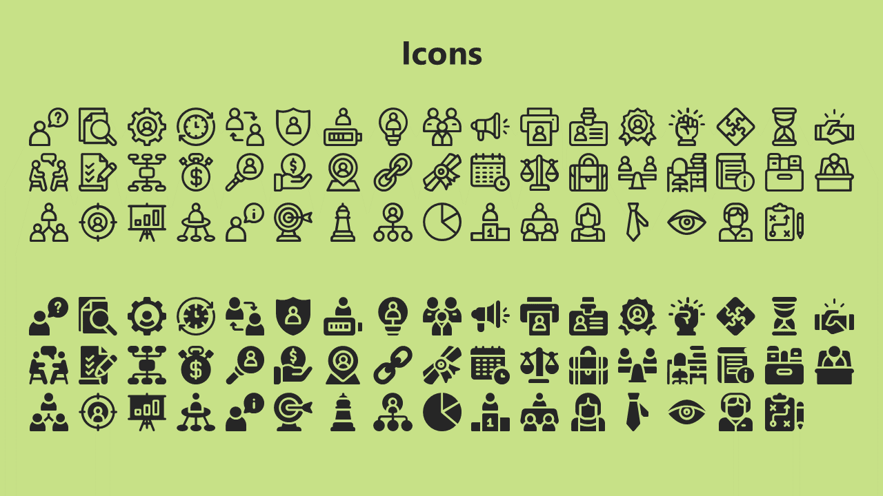 Light green slide displaying two sets of black business and technology related icons in outline and filled styles.