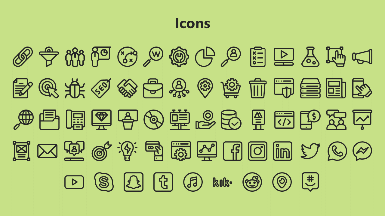 Light green slide with a bold title, featuring multiple black outlined icons arranged in a grid format.